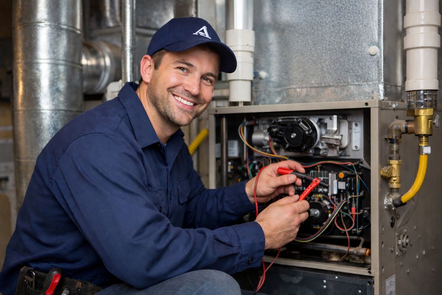 Smiling HVAC technician working on a heating unit